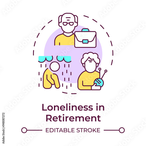 Loneliness in retirement multi color concept icon. Retirees, anxiety. Depression, solitude. Round shape line illustration. Abstract idea. Graphic design. Easy to use in infographic, presentation