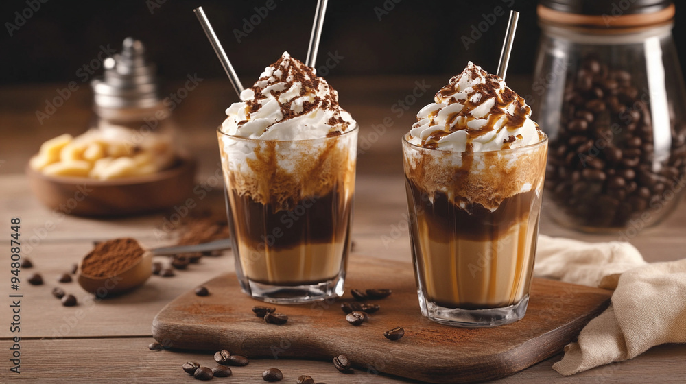 Gourmet Iced Coffee with Whipped Cream and Cocoa Topping. Gourmet Iced Coffee with Whipped Cream and Cocoa Topping.