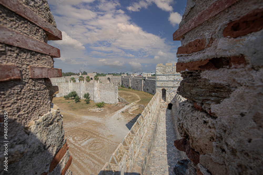 Stone walls of Mamure Castle on Mediterranean coast. Anamur, Mersin Province, Turkey.
