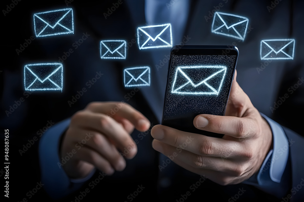 In this image, a businessman is holding a smartphone with a chalk drawing on its screen as he receives an email alert. The concept is a close-up of hands using a mobile phone to check or read In this image, a businessman is holding a smartphone with a chalk drawing on its screen as he receives an email alert. The concept is a close-up of hands using a mobile phone to check or read