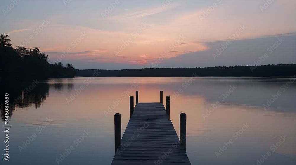 Fototapeta premium A serene lakeside scene at dusk, with a wooden pier leading out into calm waters reflecting the soft colors of the sunset. Please let me know if you have any further questions or concerns!