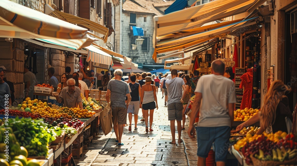 Obraz premium A crowded marketplace with people shopping for fresh produce.