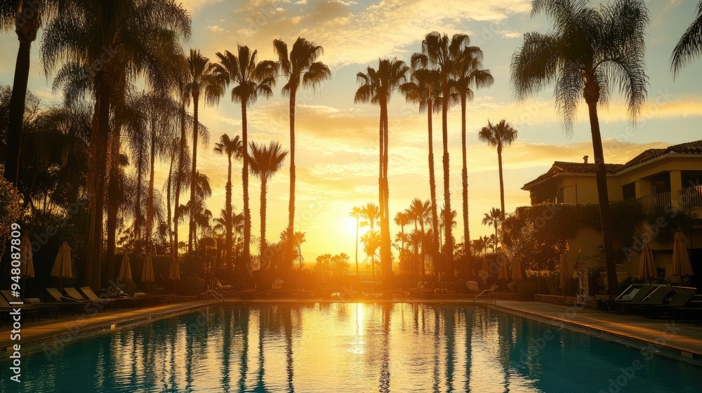 Obraz premium A swimming pool surrounded by tall palm trees, with the sun setting a