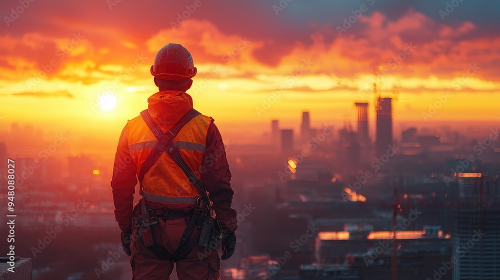 Construction Worker Overlooking City Skyline at Dawn Construction Worker Overlooking City Skyline at Dawn