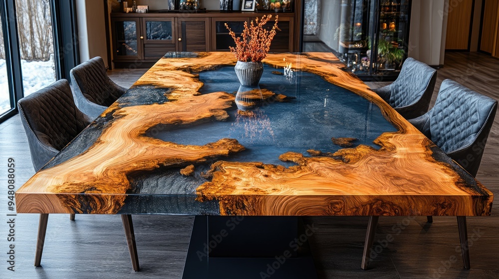 Fototapeta premium Modern dining room interior with live edge wooden table and blue epoxy resin