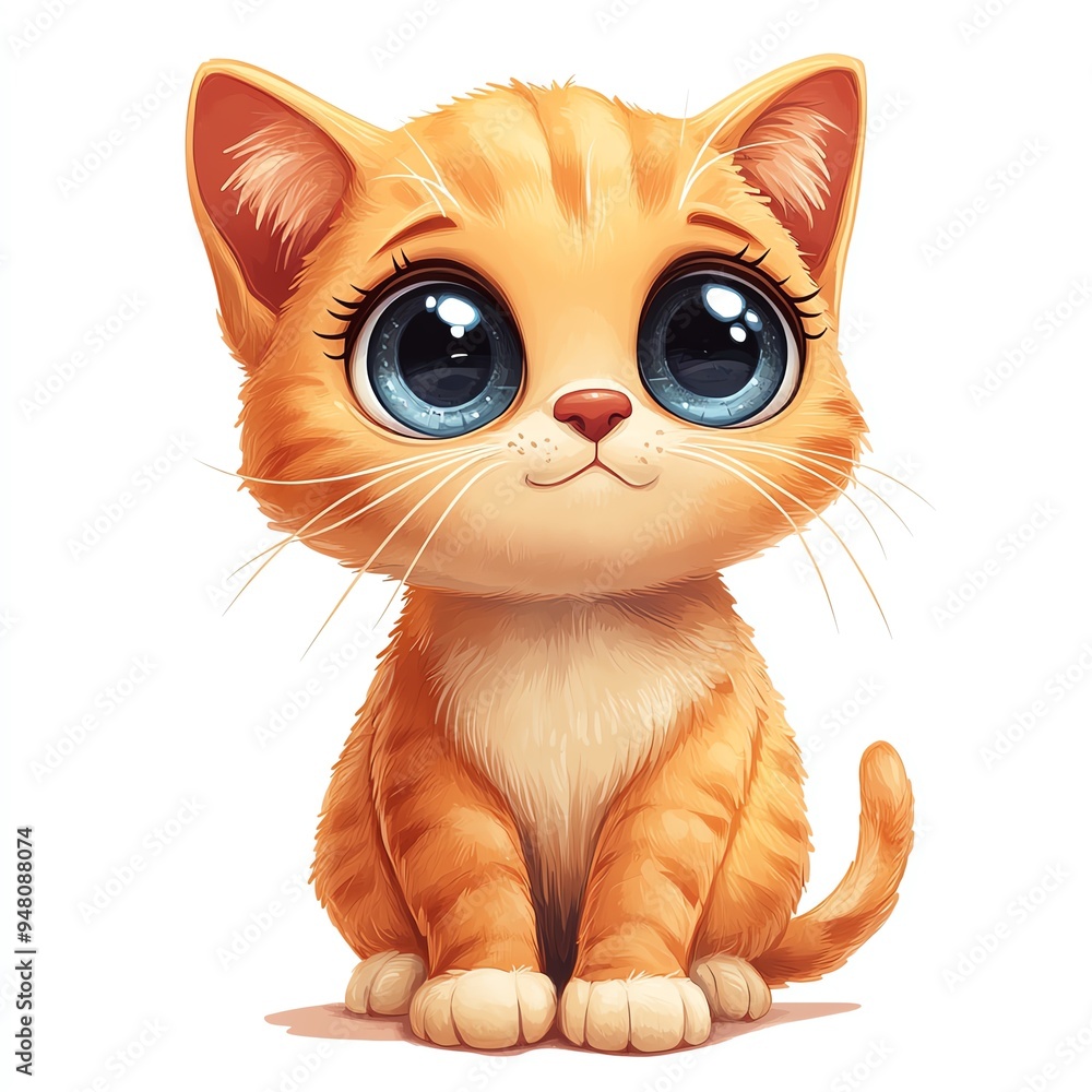 Fototapeta premium Cute cartoon kitten with big blue eyes and orange fur.