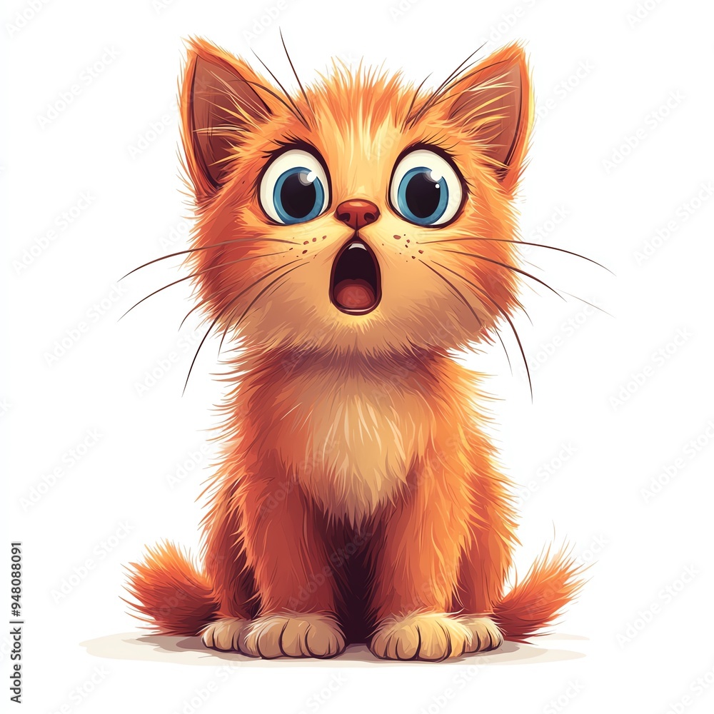 Cute cartoon cat with big blue eyes, surprised expression, and fluffy orange fur. Cute cartoon cat with big blue eyes, surprised expression, and fluffy orange fur.
