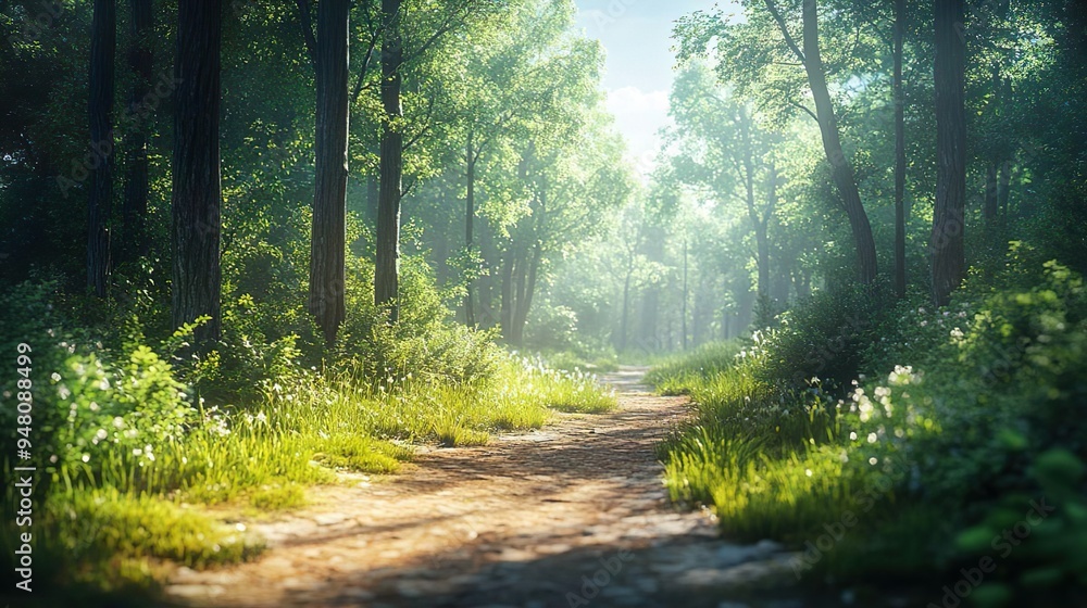 Obraz premium Peaceful Forest Path Tall Trees and Gentle Dappled Light for a Serene Woodland Experience