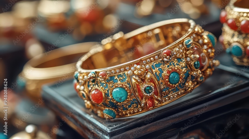 Bracelet with charms on a jewelry stand, with intricate details Bracelet with charms on a jewelry stand, with intricate details