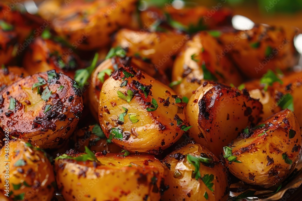 Grilled potatoes garnished with parsley, appetizing and savory food image. Grilled potatoes garnished with parsley, appetizing and savory food image.