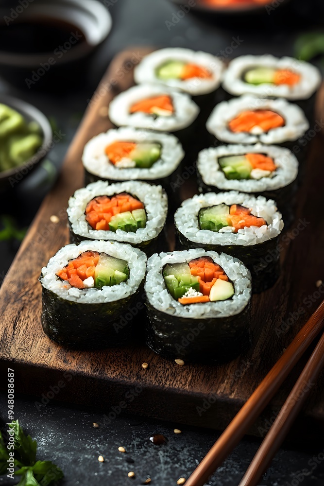 Vegan Sushi Rolls - Sushi rolls filled with avocado, cucumber, carrots, and pickled ginger, served with soy sauce.. Vegan Sushi Rolls - Sushi rolls filled with avocado, cucumber, carrots, and pickled ginger, served with soy sauce..