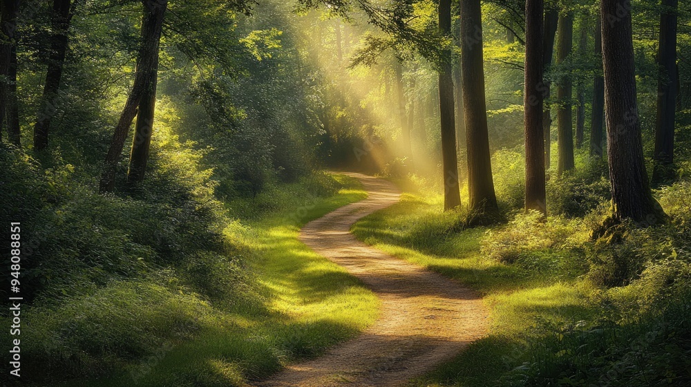 Obraz premium A winding path through a lush green forest, with sunlight streaming through the trees, inviting exploration
