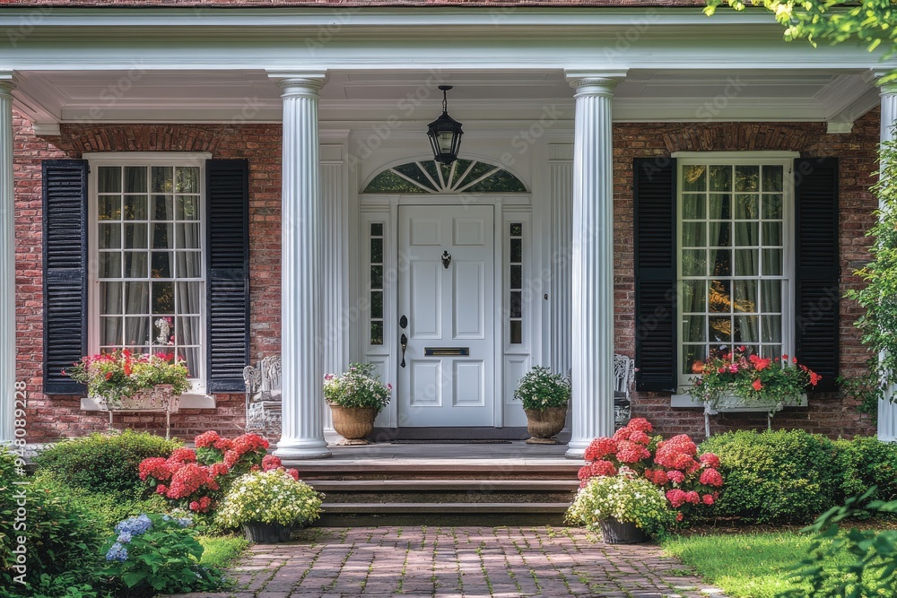 Main entrance door. Charming house entrance with white door and flowers on a sunny day. Main entrance door. Charming house entrance with white door and flowers on a sunny day.