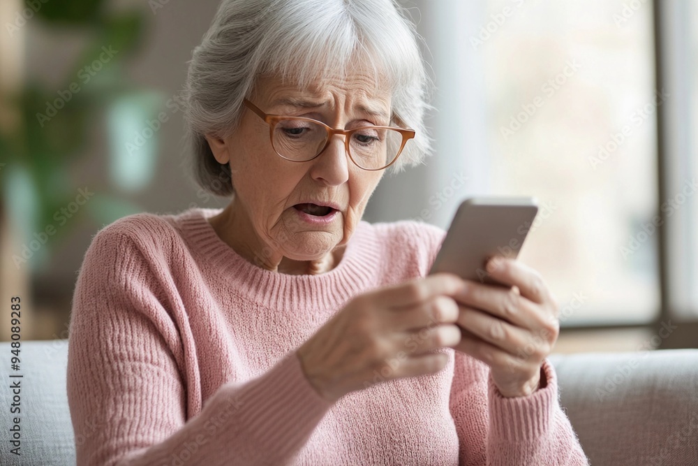 Elderly woman in pink sweater, perplexed by smartphone, seated in cozy living room, natural lighting Elderly woman in pink sweater, perplexed by smartphone, seated in cozy living room, natural lighting