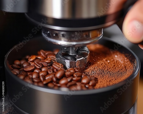 Coffee grinder with beans grinding fresh coffee for brewing photo