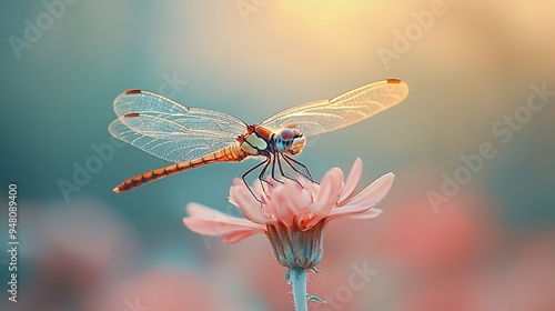 A delicate dragonfly rests on a pink flower, bathed in soft, gentle light.