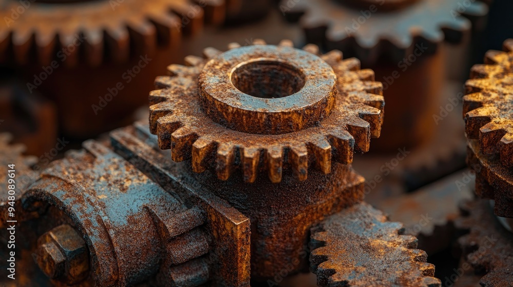 Close-up of interlocking rusty gears, highlighting texture and mechanical detail Close-up of interlocking rusty gears, highlighting texture and mechanical detail