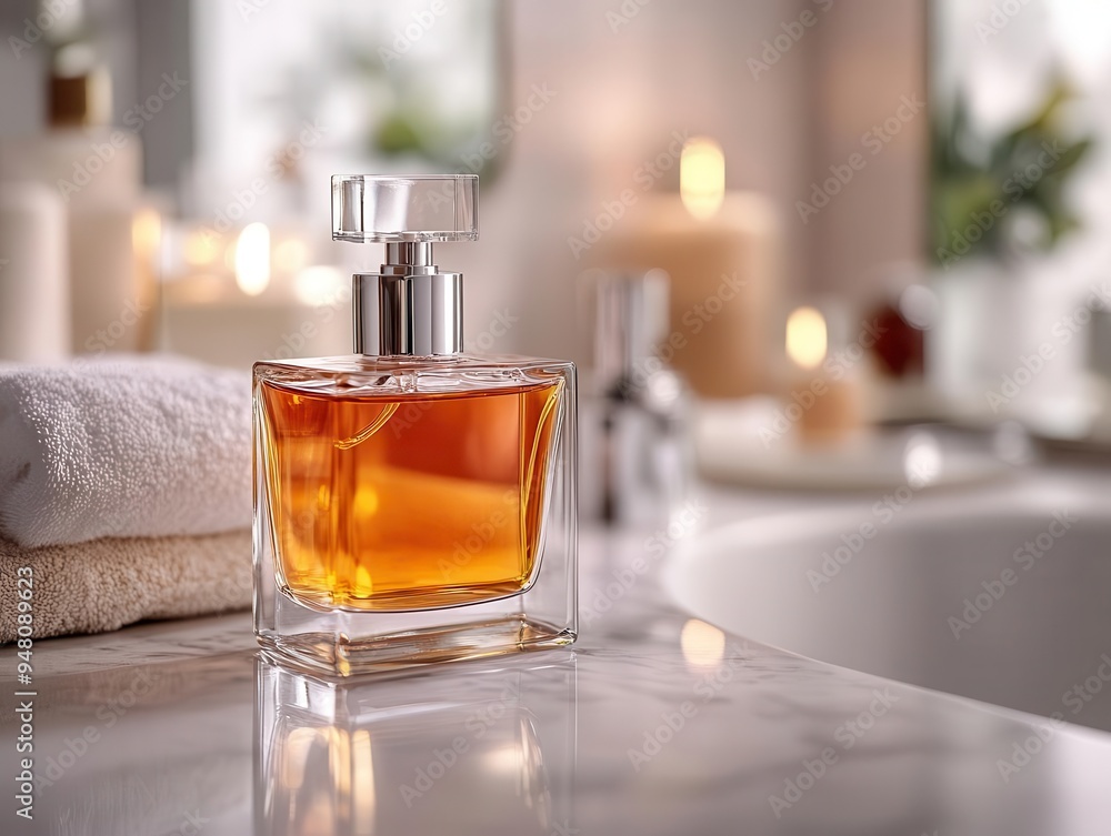 Cologne bottle with spray on a bathroom counter, ready for use Cologne bottle with spray on a bathroom counter, ready for use