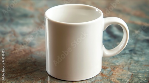 A plain white mug on a counter.