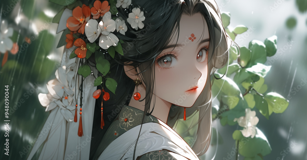 Φωτογραφία Hand drawn cartoon illustration of a girl in Chinese costume among flowers