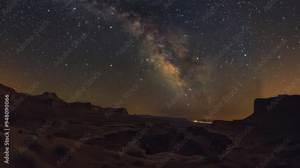 A night sky filled with stars and the Milky Way galaxy over a canyon. A night sky filled with stars and the Milky Way galaxy over a canyon.
