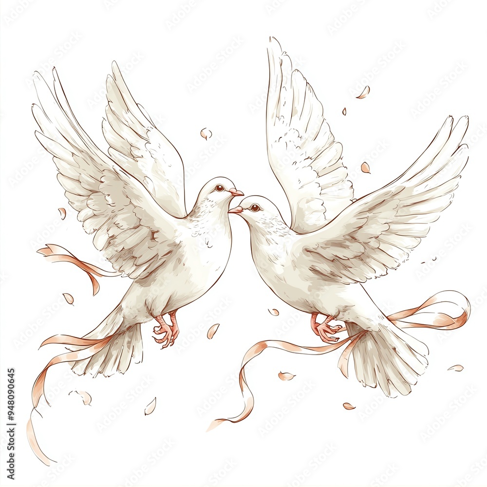 Obraz premium Two white doves in flight with ribbons and petals, symbolizing love and peace.