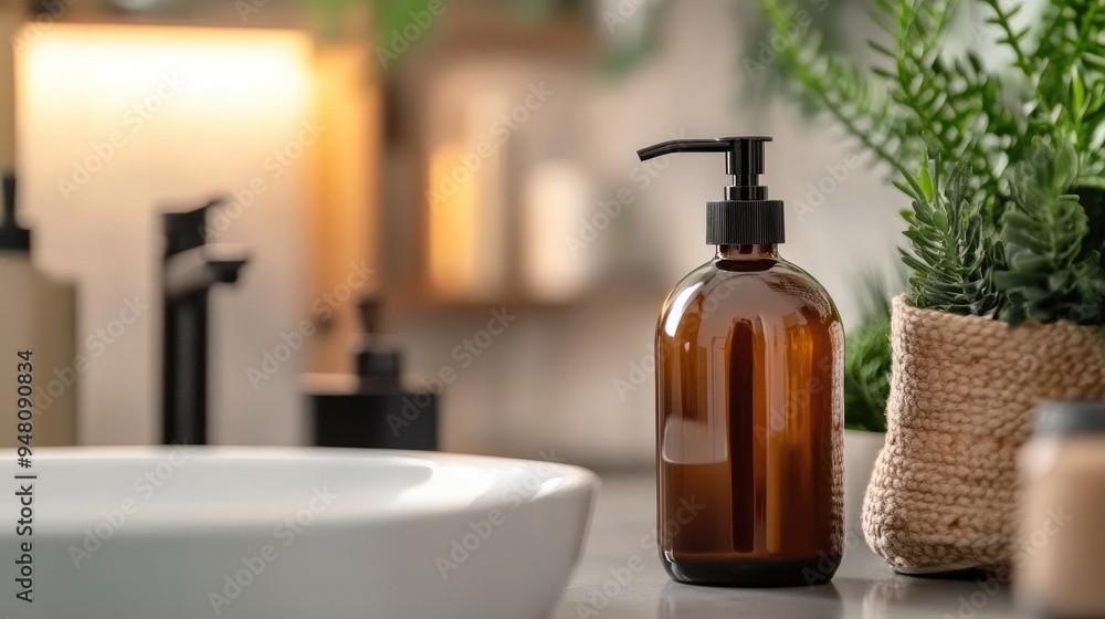 A bottle of liquid soap with a pump, placed next to a bathroom sink. A bottle of liquid soap with a pump, placed next to a bathroom sink.