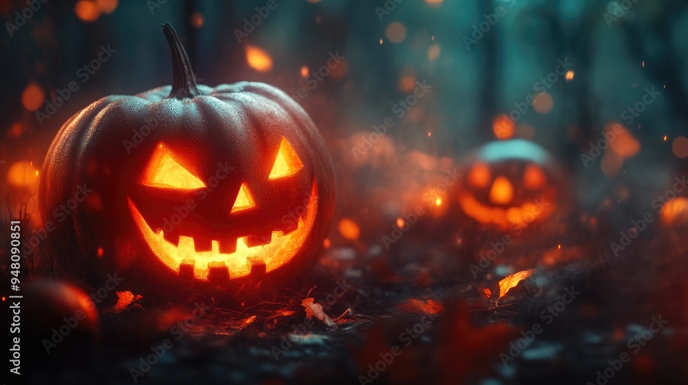 Naklejka premium Intricately Designed Halloween Pumpkins Up Close