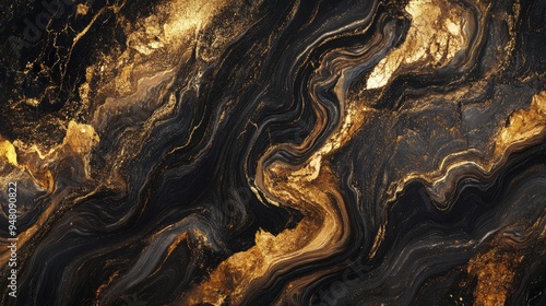 Dark brown marble with swirling golden lines, creating a dynamic and rich textured surface