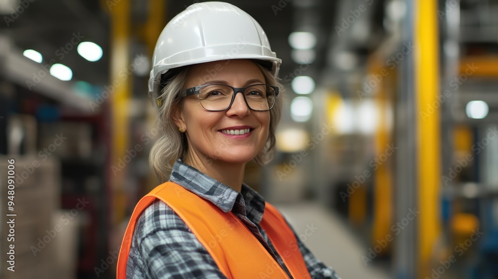 Content Female Employee with Safety Helmet in Factory Content Female Employee with Safety Helmet in Factory