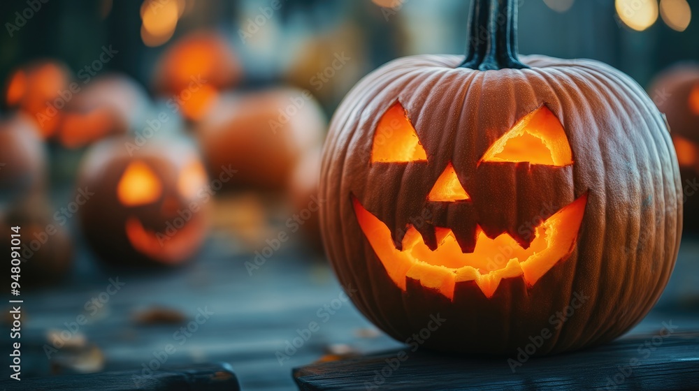 Haunted Pumpkin Lantern on Weathered Wood Background Haunted Pumpkin Lantern on Weathered Wood Background