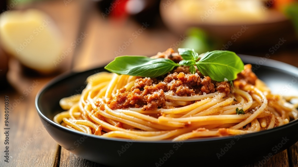 Φωτογραφία Close-Up of Spaghetti Bolognese on Wooden Table