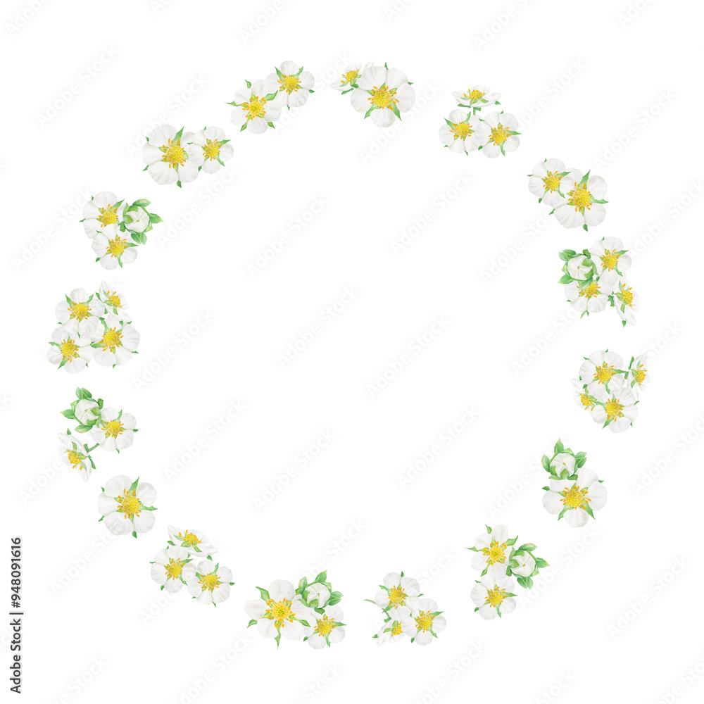 White strawberry flowers hand drawn watercolor illustration. Isolated round frame for banner template with copy space for text. Fresh botanical realistic painting. Summer sweet berry buds clipart White strawberry flowers hand drawn watercolor illustration. Isolated round frame for banner template with copy space for text. Fresh botanical realistic painting. Summer sweet berry buds clipart