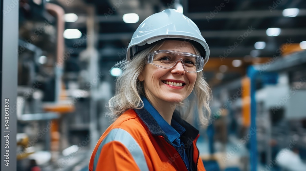 Happy Middle-Aged Female in Industrial Work Environment Happy Middle-Aged Female in Industrial Work Environment