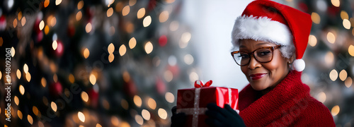 sneaky christmas grandma in santa hat and red sweater holding beautifully packed gift box; copy space; widescreen backdrop photo