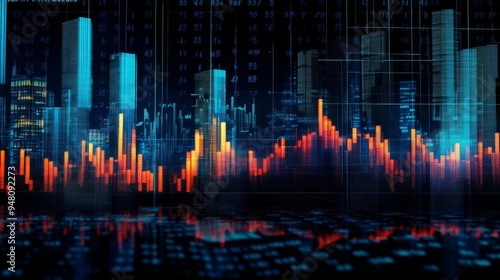 Vibrant data visualization showcasing fluctuating market trends with colorful bar graphs and digital elements for financial analysis.