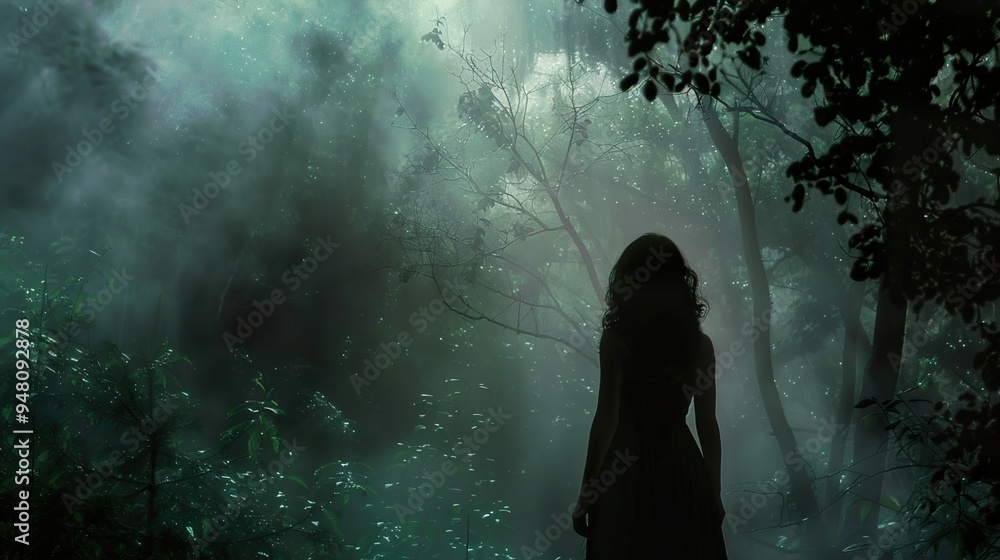 Mysterious Woman Silhouette in a Foggy Forest Mysterious Woman Silhouette in a Foggy Forest