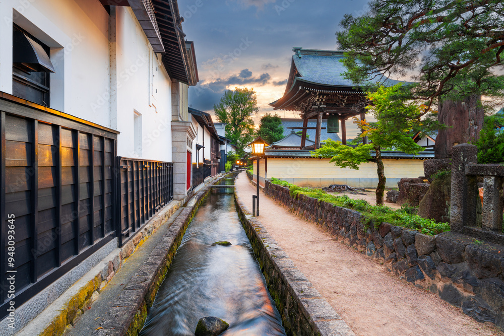Hida, Gifu, Japan on Shirakabe Dozogai Street at twilight. Hida, Gifu, Japan on Shirakabe Dozogai Street at twilight.