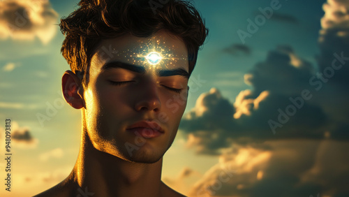 Meditative man eyes closed third eye awakened, third eye chakra, awakened third eye, glowing chakra, chakra energy, chakra meditation, cloudy sky, sunlight