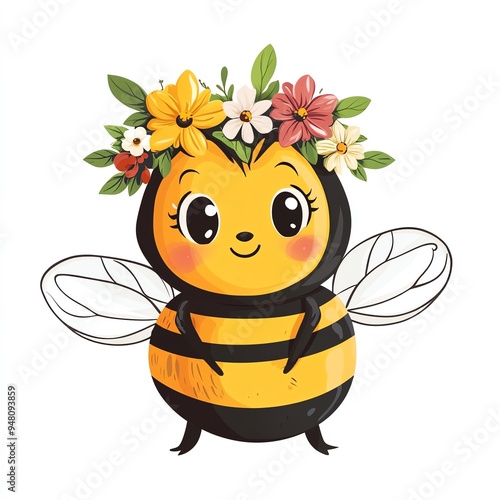Cute cartoon bee with flower crown and wings.