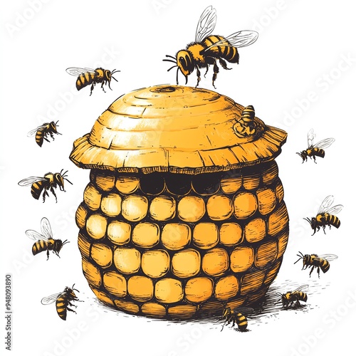 Hand drawn illustration of a beehive with bees around it.