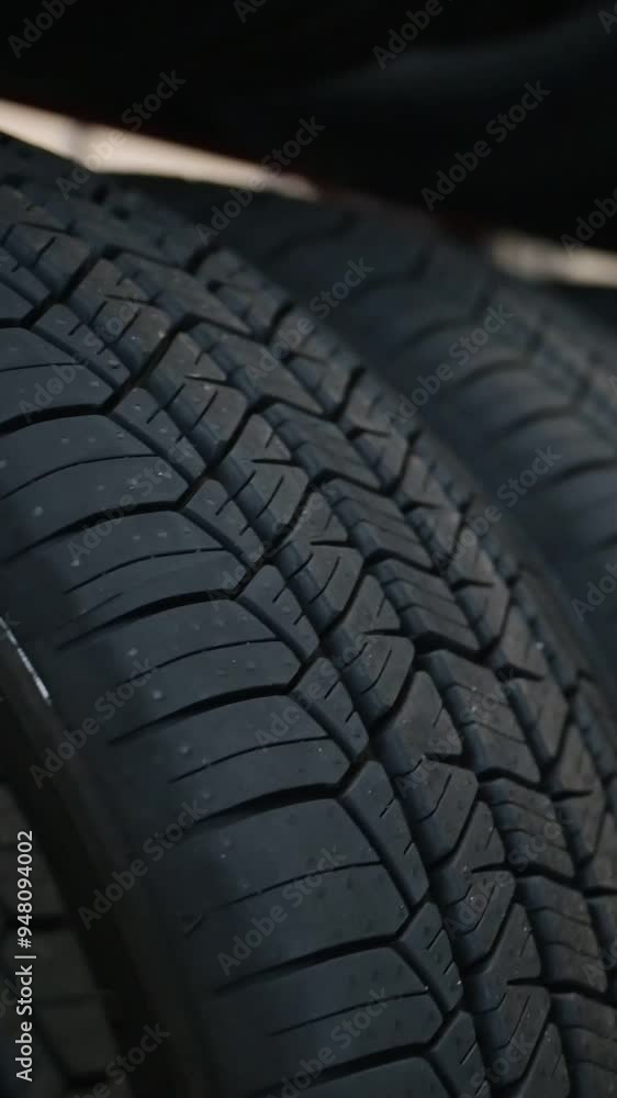 A new tire is placed on the tire storage rack in the tire shop A new tire is placed on the tire storage rack in the tire shop