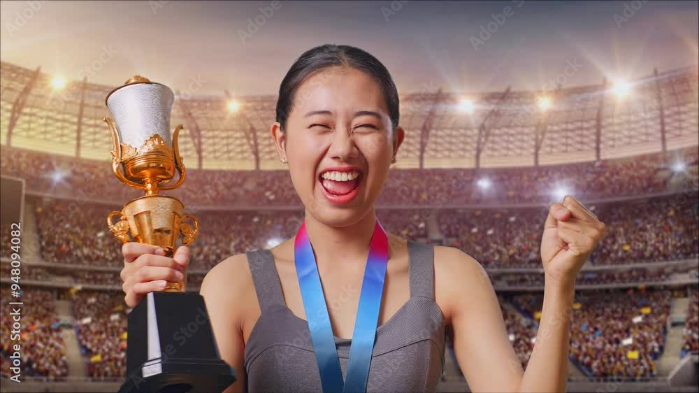 Close Up Of Asian Woman With A Gold Medal And Trophy Screaming Goal ...