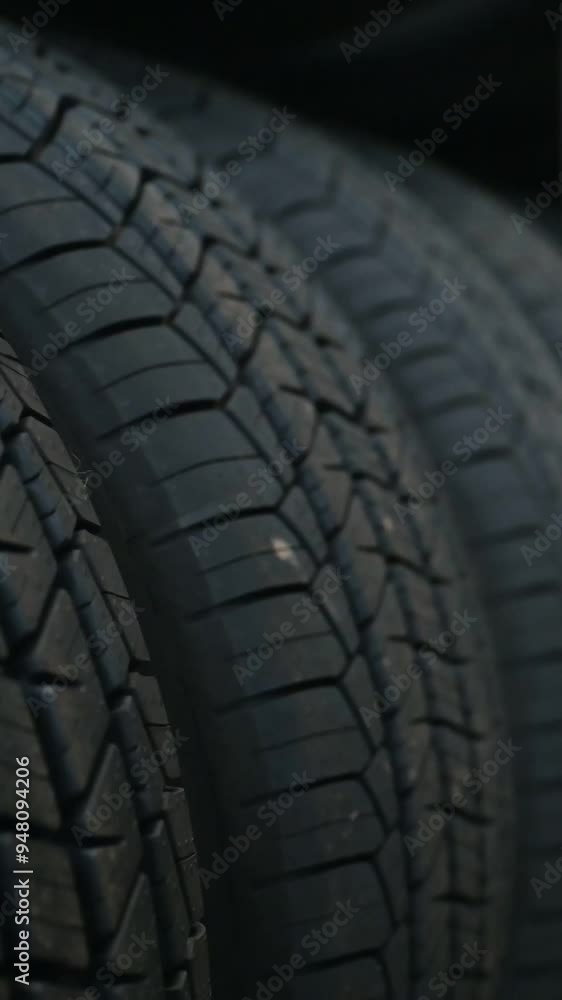 Close-up view of new winter tires on display at a car store. The tires are stacked on a shelf and have a variety of features, including aggressive tread patterns for traction in snow and ice Close-up view of new winter tires on display at a car store. The tires are stacked on a shelf and have a variety of features, including aggressive tread patterns for traction in snow and ice