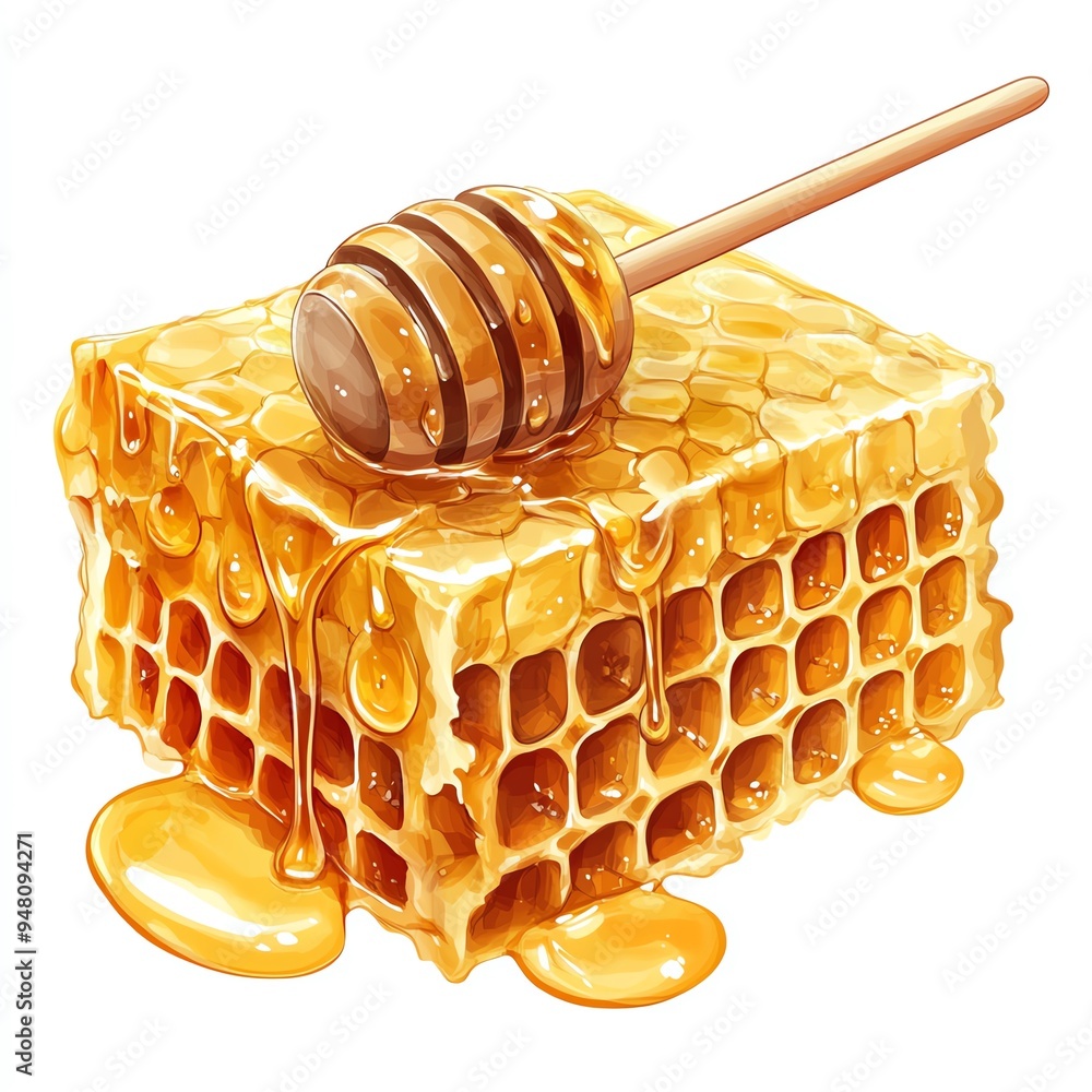 Honeycomb with dripping honey and a wooden dipper. Honeycomb with dripping honey and a wooden dipper.