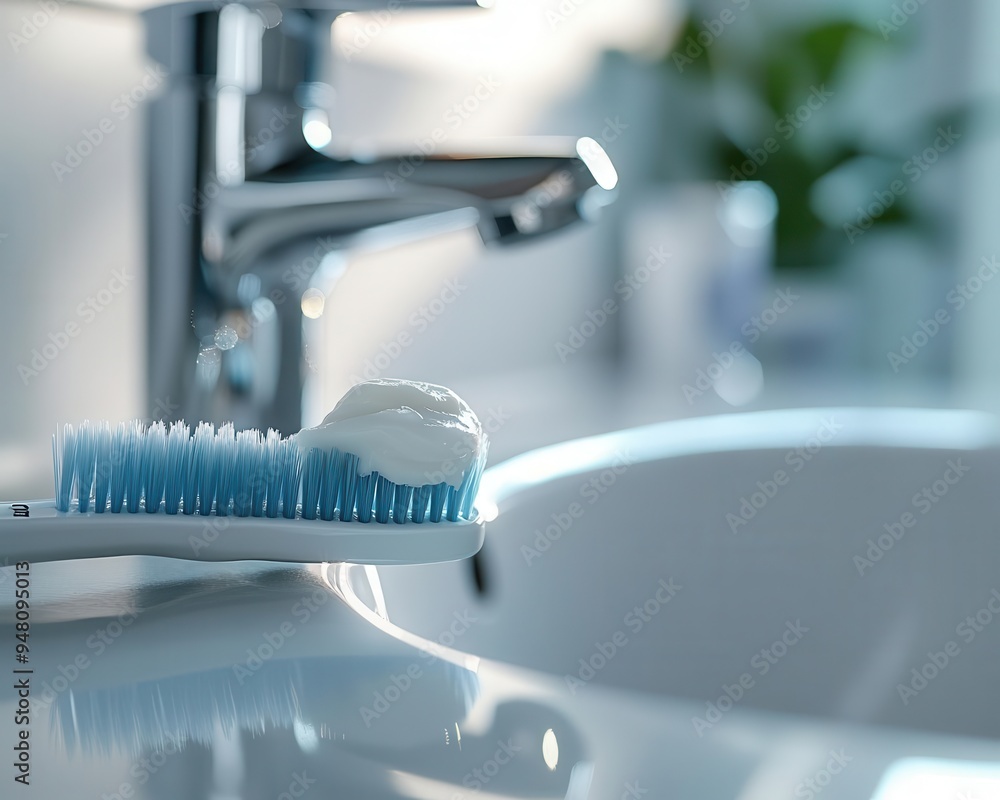 Toothbrush with toothpaste ready for brushing, on a bathroom sink Toothbrush with toothpaste ready for brushing, on a bathroom sink