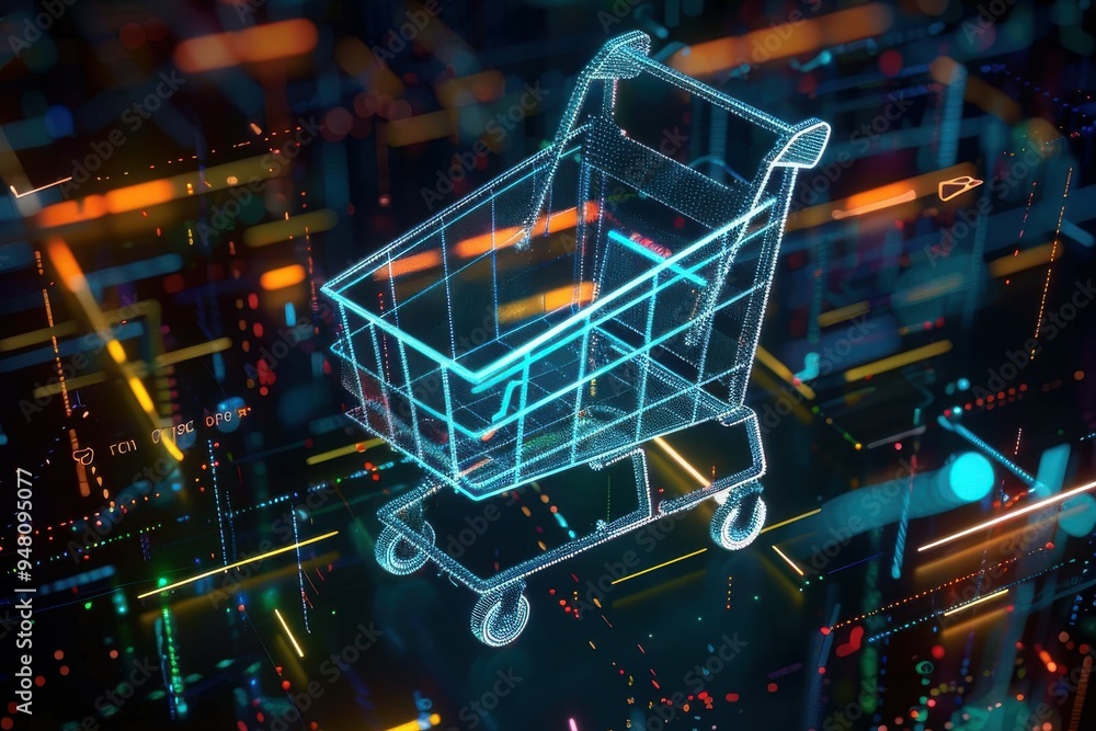 Digital cart icon on future tech background. Online shopping evolution. Futuristic shopping cart icon and abstract chart in world of technological progress and innovation. CGI 3D render Digital cart i Digital cart icon on future tech background. Online shopping evolution. Futuristic shopping cart icon and abstract chart in world of technological progress and innovation. CGI 3D render Digital cart i