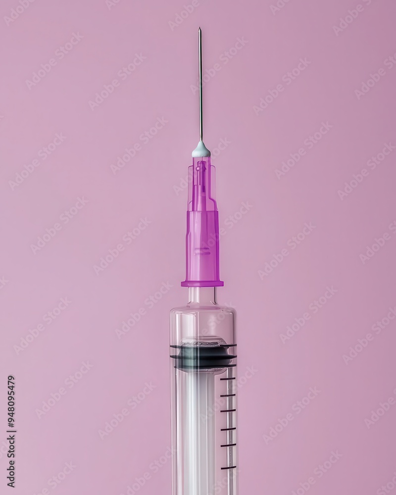Close-up of a medical syringe with a pink background, emphasizing its details and the needle's sharpness. Ideal for healthcare themes. Close-up of a medical syringe with a pink background, emphasizing its details and the needle's sharpness. Ideal for healthcare themes.