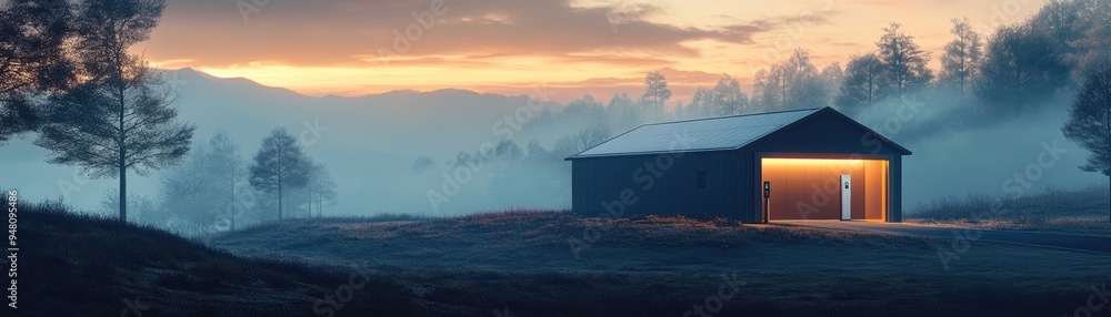 A serene countryside scene featuring a cozy cabin illuminated by sunset light, surrounded by misty hills and trees. A serene countryside scene featuring a cozy cabin illuminated by sunset light, surrounded by misty hills and trees.