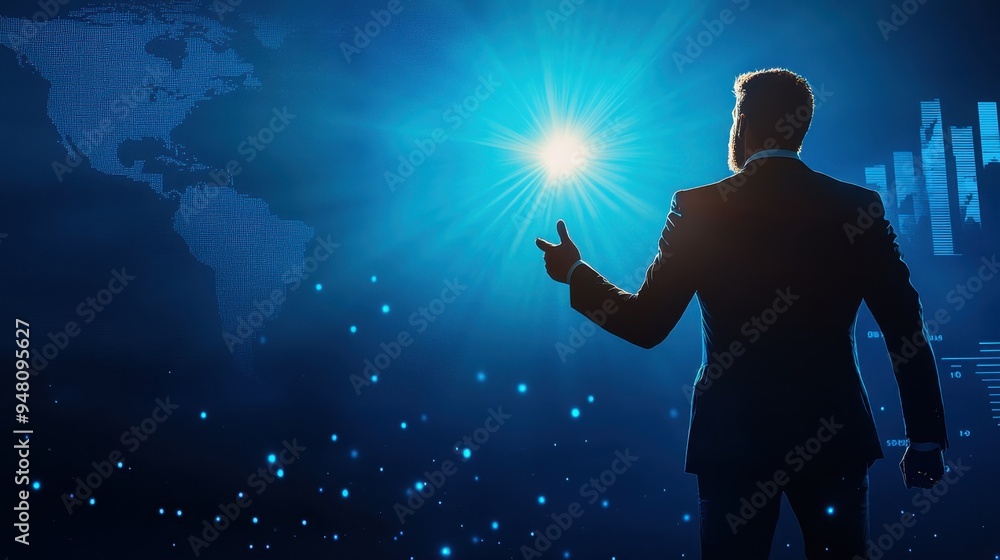 Spotlight on Success: Sales Executive Achieving Recognition on Stage with Growth Charts and Accolades in Dramatic Award Show Setting. Spotlight on Success: Sales Executive Achieving Recognition on Stage with Growth Charts and Accolades in Dramatic Award Show Setting.